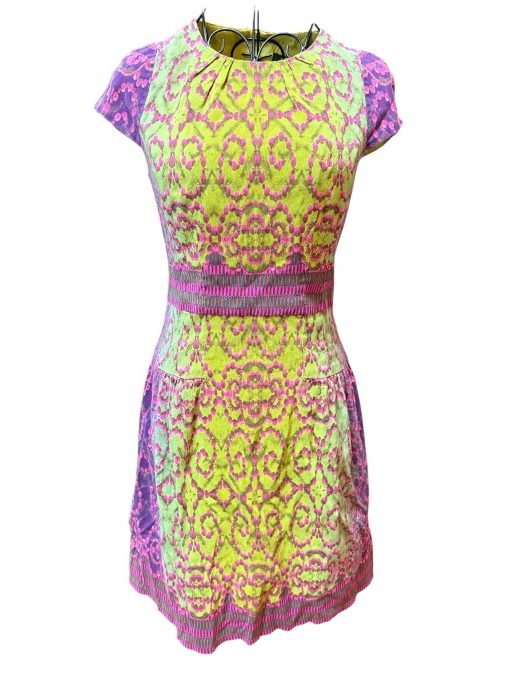 Nanette Lepore Pink & Green Cotton Silk Blend Patterned Cap-Sleeve Dress